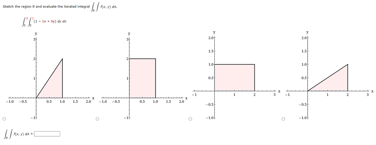 Sketch the region R and evaluate the iterated integral
[²[²¹-
-1.0 -0.5
O
(12x+8y) dy dx
y
3
2
[/xn-[
f(x, y) dA =
0.5
1.0
1.5
2.0
√ [FIX
X
f(x, y) dA.
y
2.0
1.5
1.0
Lak
0.5
-1
1
2
-0.5
-1.0
-1.0 -0.5
y
3
0.5 1.0
1.5
2.0
y
2.0
1.5
1.0
0.5
-0.5
-1.0-
1
2
X