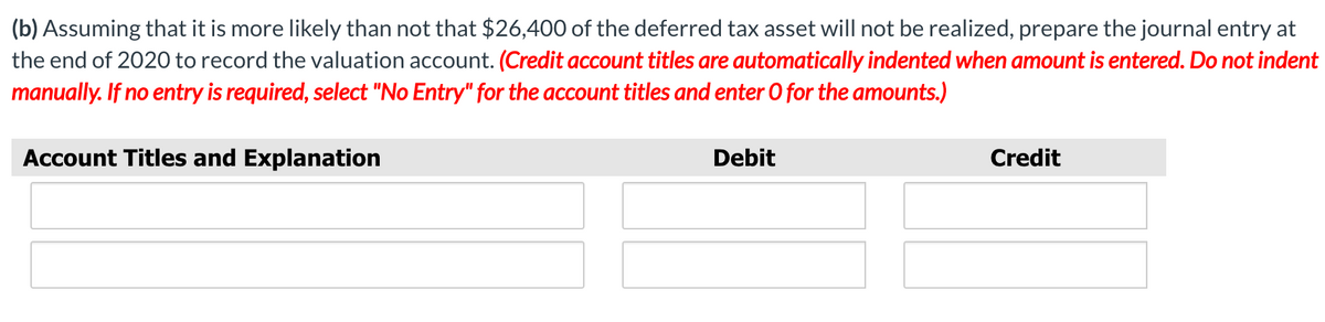 (b) Assuming that it is more likely than not that $26,400 of the deferred tax asset will not be realized, prepare the journal entry at
the end of 2020 to record the valuation account. (Credit account titles are automatically indented when amount is entered. Do not indent
manually. If no entry is required, select "No Entry" for the account titles and enter O for the amounts.)
Account Titles and Explanation
Debit
Credit
