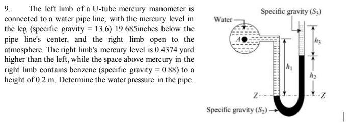 The left limb of a U-tube mercury manometer is
connected to a water pipe line, with the mercury level in
the leg (specific gravity = 13.6) 19.685inches below the
pipe line's center, and the right limb open to the
atmosphere. The right limb's mercury level is 0.4374 yard
higher than the left, while the space above mercury in the
right limb contains benzene (specific gravity = 0.88) to a
height of 0.2 m. Determine the water pressure in the pipe.
9.
Specific gravity (S3)
Water
h3
h2
Z-
Specific gravity (S2) -
