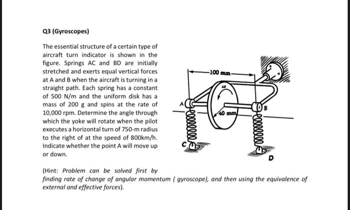 Q3 (Gyroscopes)
The essential structure of a certain type of
aircraft turn indicator is shown in the
figure. Springs AC and BD are initially
stretched and exerts equal vertical forces
at A and B when the aircraft is turning in a
straight path. Each spring has a constant
of 500 N/m and the uniform disk has a
mass of 200 g and spins at the rate of
10,000 rpm. Determine the angle through
which the yoke will rotate when the pilot
executes a horizontal turn of 750-m radius
to the right of at the speed of 800km/h.
Indicate whether the point A will move up
or down.
C
-100 mm.
40 mm
(Hint: Problem can be solved first by
finding rate of change of angular momentum (gyroscope), and then using the equivalence of
external and effective forces).