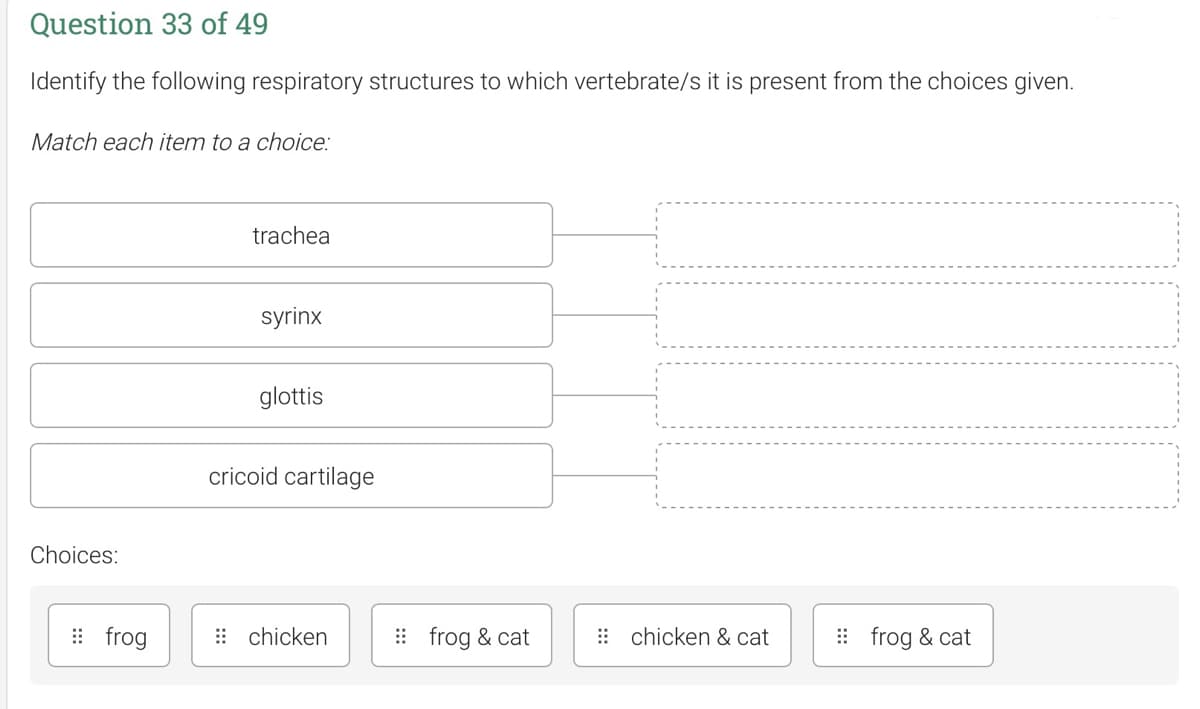 Question 33 of 49
Identify the following respiratory structures to which vertebrate/s it is present from the choices given.
Match each item to a choice:
trachea
syrinx
glottis
cricoid cartilage
Choices:
: frog
: chicken
: frog & cat
: chicken & cat
: frog & cat
