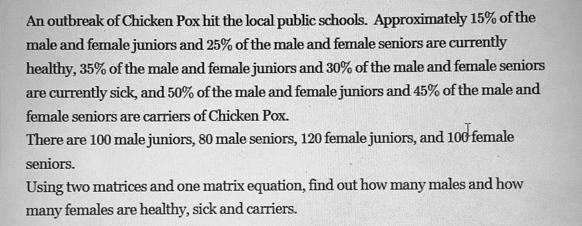 An outbreak of Chicken Pox hit the local public schools. Approximately 15% of the
male and female juniors and 25% of the male and female seniors are currently
healthy, 35% of the male and female juniors and 30% of the male and female seniors
are currently sick, and 50% of the male and female juniors and 45% of the male and
female seniors are carriers of Chicken Pox.
There are 100 male juniors, 80 male seniors, 120 female juniors, and 100 female
seniors.
Using two matrices and one matrix equation, find out how many males and how
many females are healthy, sick and carriers.
