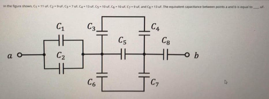In the figure shown, Ct-11 uF. C2-9 uf, C3-7 uF. C4 - 13 uf, Cs- 10 uF. C6 -10 uf, C7-9 uf, and Cg 13 uF. The equivalent capacitance between points a and b is equal to
uF.
C1
C3_
C4
C5
C8
C2
HH
a o
C6
C7
