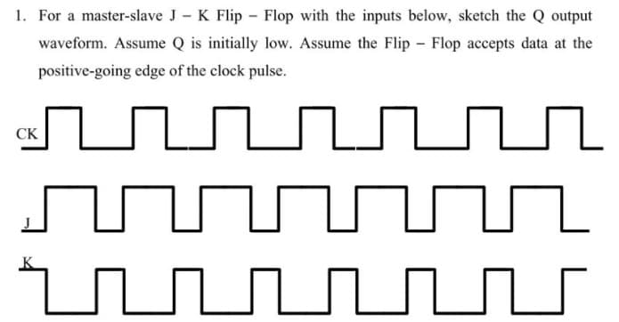 1. For a master-slave J – K Flip - Flop with the inputs below, sketch the Q output
waveform. Assume Q is initially low. Assume the Flip - Flop accepts data at the
positive-going edge of the clock pulse.
СК
