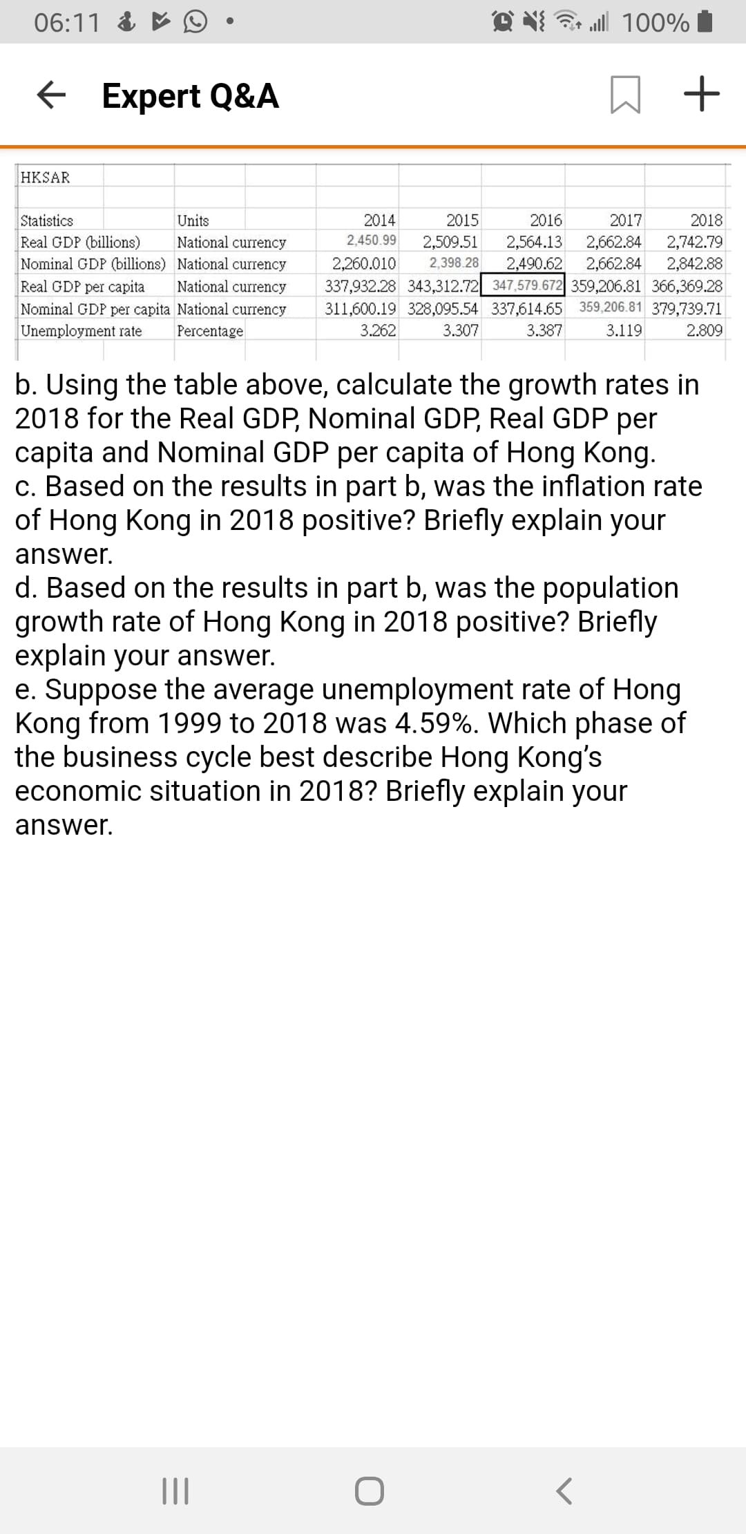 06:11 & M
N{ al 100%
E Expert Q&A
HKSAR
Statistics
Units
2014
2015
2016
2017
2018
Real GDP (billions)
National currency
2,450.99
2,509.51
2,742.79
2,842.88
337,932.28 343,312.72 347,579.672 359,206.81 366,369.28
2,564.13
2,662.84
Nominal GDP (billions) National currency
2,260.010
2,398.28
2,490.62
2,662.84
National currency
Real GDP per capita
Nominal GDP per capita National currency
311,600.19 328,095.54 337,614.65 359,206.81 379,739.71
Unemployment rate
Percentage
3.262
3.307
3.387
3.119
2.809
b. Using the table above, calculate the growth rates in
2018 for the Real GDP, Nominal GDP, Real GDP per
capita and Nominal GDP per capita of Hong Kong.
c. Based on the results in part b, was the inflation rate
of Hong Kong in 2018 positive? Briefly explain your
answer.
d. Based on the results in part b, was the population
growth rate of Hong Kong in 2018 positive? Briefly
explain your answer.
e. Suppose the average unemployment rate of Hong
Kong from 1999 to 2018 was 4.59%. Which phase of
the business cycle best describe Hong Kong's
economic situation in 2018? Briefly explain your
answer.
II
