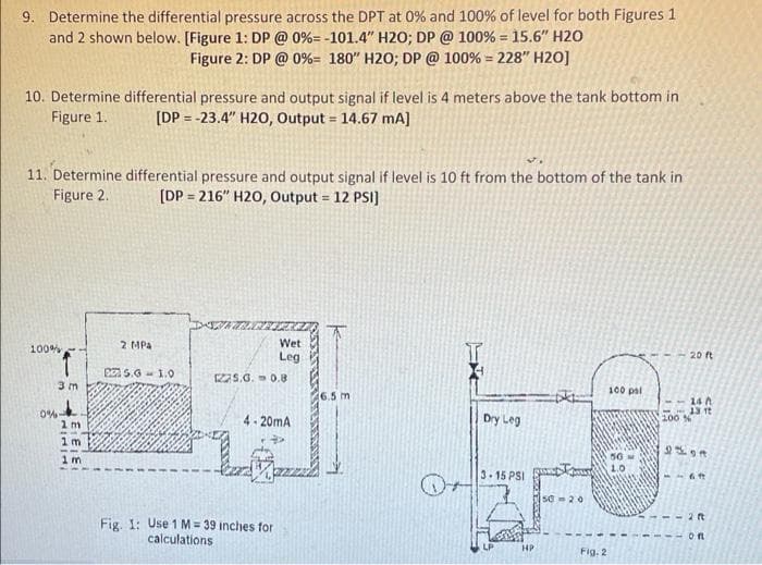 9. Determine the differential pressure across the DPT at 0% and 100% of level for both Figures 1
and 2 shown below. [Figure 1: DP @ 0% = -101.4" H20; DP @ 100% = 15.6" H2O
Figure 2: DP @ 0% = 180" H20; DP @ 100% = 228" H20]
10. Determine differential pressure and output signal if level is 4 meters above the tank bottom in
Figure 1. [DP = -23.4" H2O, Output = 14.67 mA]
11. Determine differential pressure and output signal if level is 10 ft from the bottom of the tank in
Figure 2. [DP=216" H2O, Output = 12 PSI]
100%
3m
0%-
1m
1m
1m
2 MPA
5.0-1.0
125.0.0.8
Wet
Leg
4-20mA
1
Fig. 1: Use 1 M= 39 inches for
calculations.
6.5 m
®+
Dry Leg
3.15 PSI
HP
50-20
Fig. 2
100 pal
50
1.0
20 ft
14 A
13 ft
200 %
2599
1169
11125
of