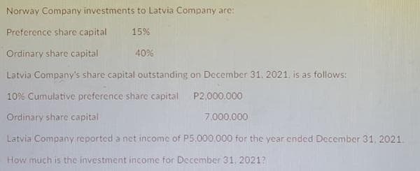 Norway Company investments to Latvia Company are:
Preference share capital
15%
Ordinary share capital
40%
Latvia Company's share capital outstanding on December 31 2021. is as follows:
10% Cumulative preference share capital P2,000.000
Ordinary share capital
7.000.000
Latvia Company reported a net income of P5.000.000 for the year ended Doccember 31. 2021.
How much is the investment income for December 31. 2021?
