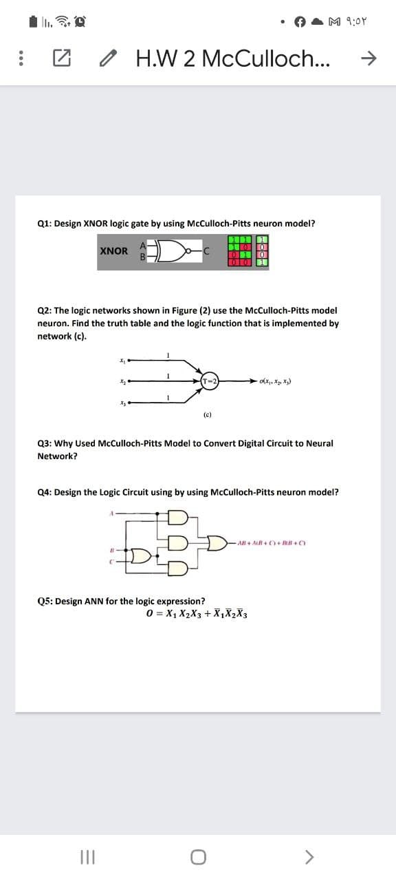 • O A M 9:0Y
O H.W 2 McCulloch...
->
Q1: Design XNOR logic gate by using McCulloch-Pitts neuron model?
XNOR
Q2: The logic networks shown in Figure (2) use the McCulloch-Pitts model
neuron. Find the truth table and the logic function that is implemented by
network (c).
- o(x, X2, x)
(c)
Q3: Why Used McCulloch-Pitts Model to Convert Digital Circuit to Neural
Network?
Q4: Design the Logic Circuit using by using McCulloch-Pitts neuron model?
AB + AB + C+ B + O
Q5:
ANN for the logic expression?
O = X1 X2X3 + X1X2X3
II
>
