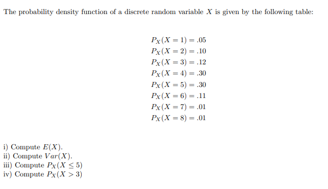 The probability density function of a discrete random variable X is given by the following table:
Px(X = 1) = .05
Px(X = 2) = .10
Px(X = 3) = .12
Px(X = 4) = .30
Px (X = 5) = .30
Px (X = 6) = .1i
Px (X = 7) = .01
Px(X = 8) = .01
i) Compute E(X).
ii) Compute Var(X).
iii) Compute Px(X < 5)
iv) Compute Px(X > 3)
