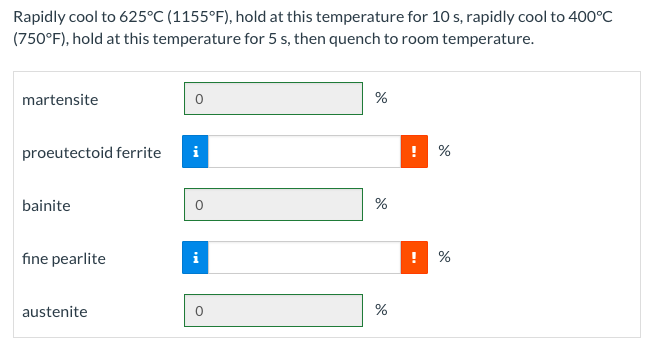 Rapidly cool to 625°C (1155°F), hold at this temperature for 10 s, rapidly cool to 400°C
(750°F), hold at this temperature for 5 s, then quench to room temperature.
martensite
proeutectoid ferrite i
bainite
fine pearlite
austenite
%
%
%
! %
do
%