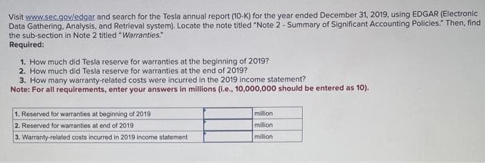 Visit www.sec.gov/edgar and search for the Tesla annual report (10-K) for the year ended December 31, 2019, using EDGAR (Electronic
Data Gathering, Analysis, and Retrieval system). Locate the note titled "Note 2 - Summary of Significant Accounting Policies." Then, find
the sub-section in Note 2 titled "Warranties."
Required:
1. How much did Tesla reserve for warranties at the beginning of 2019?
2. How much did Tesla reserve for warranties at the end of 2019?
3. How many warranty-related costs were incurred in the 2019 income statement?
Note: For all requirements, enter your answers in millions (i.e., 10,000,000 should be entered as 10).
1. Reserved for warranties at beginning of 2019
2. Reserved for warranties at end of 2019
3. Warranty-related costs incurred in 2019 income statement
million
million
million