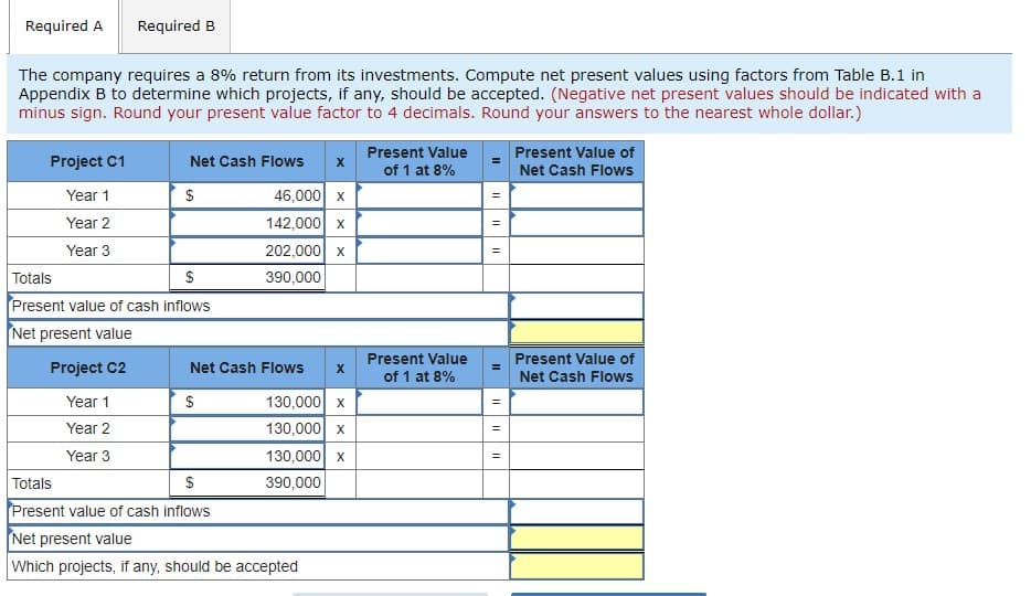 Required A
Required B
The company requires a 8% return from its investments. Compute net present values using factors from Table B.1 in
Appendix B to determine which projects, if any, should be accepted. (Negative net present values should be indicated with a
minus sign. Round your present value factor to 4 decimals. Round your answers to the nearest whole dollar.)
Project C1
Year 1
Year 2
Year 3
Net Cash Flows X
$
46,000 X
142,000 X
202,000 X
390,000
Totals
$
Present value of cash inflows
Net present value
Project C2
Year 1
Year 2
Year 3
Net Cash Flows
$
X
130,000 x
130,000 X
130,000 X
390,000
Totals
$
Present value of cash inflows
Net present value
Which projects, if any, should be accepted
Present Value
of 1 at 8%
Present Value
of 1 at 8%
=
II
11
=
II
Present Value of
Net Cash Flows
Present Value of
Net Cash Flows