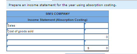 Prepare an income statement for the year using absorption costing.
SIMS COMPANY
Income Statement (Absorption Costing)
Sales
Cost of goods sold
69
0
0