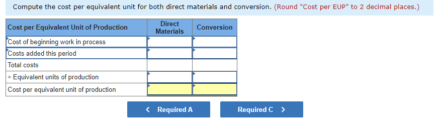 Compute the cost per equivalent unit for both direct materials and conversion. (Round "Cost per EUP" to 2 decimal places.)
Direct
Materials
Cost per Equivalent Unit of Production
Cost of beginning work in process
Costs added this period
Total costs
+ Equivalent units of production
Cost per equivalent unit of production
< Required A
Conversion
Required C >