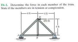 F6-1. Determine the force in each member of the truss
State if the members are in tension or compression.
450 Ih

