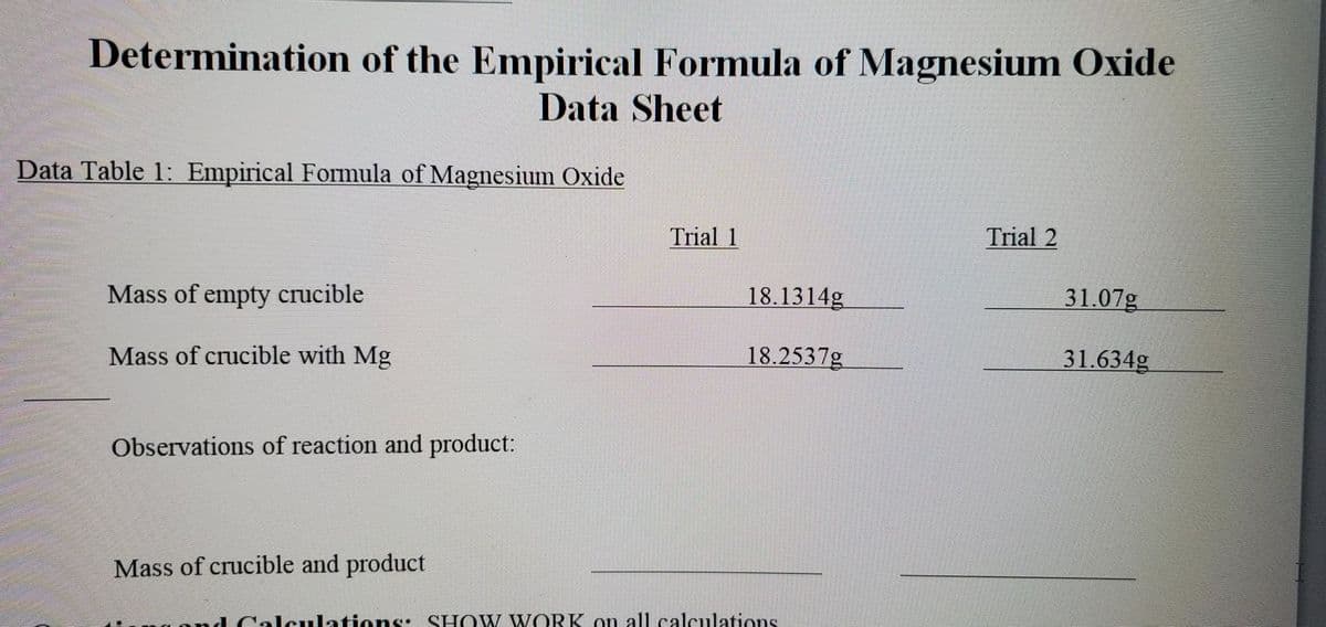 Determination of the Empirical Formula of Magnesium Oxide
Data Sheet
Data Table 1: Empirical Formula of Magnesium Oxide
Mass of empty crucible
Mass of crucible with Mg
Observations of reaction and product:
Mass of crucible and product
Trial 1
18.1314g
18.2537g
Calculations: SHOW WORK on all calculations
Trial 2
31.07g
31.634g