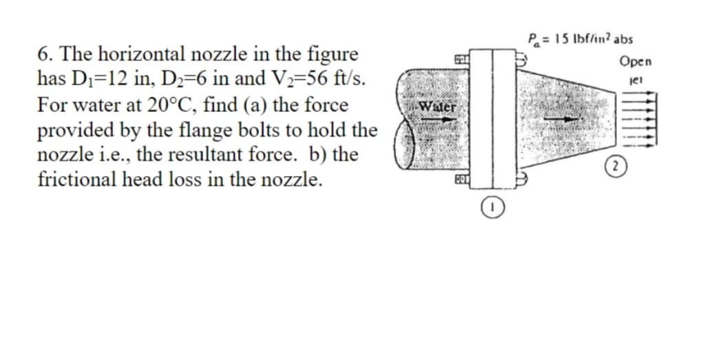 P = 15 Ibf/in? abs
6. The horizontal nozzle in the figure
has D1=12 in, D2=6 in and V½=56 ft/s.
For water at 20°C, find (a) the force
provided by the flange bolts to hold the
nozzle i.e., the resultant force. b) the
frictional head loss in the nozzle.
Open
jet
Water
