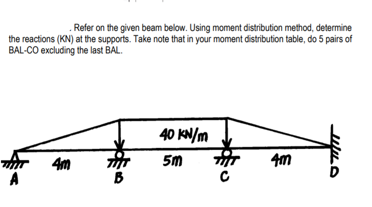 Refer on the given beam below. Using moment distribution method, determine
the reactions (KN) at the supports. Take note that in your moment distribution table, do 5 pairs of
BAL-CO excluding the last BAL.
40 KN/m
4m
A
