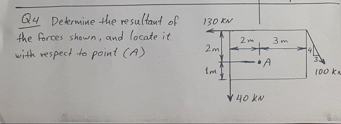Q4 Determine the resultaut of
the forces showwn, and locate it
130 KN
2m
3 m
2m
with respect to point (A)
Im
100 kn
V 40 kN
