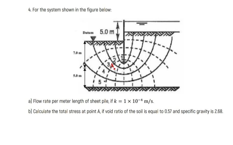 4. For the system shown in the figure below:
Datum
5.0 m
7.0 m
5.0 m
a) Flow rate per meter length of sheet pile, if k = 1 × 10-4 m/s.
b) Calculate the total stress at point A, if void ratio of the soil is equal to 0.57 and specific gravity is 2.68.
