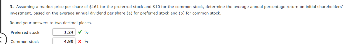 3. Assuming a market price per share of $161 for the preferred stock and $10 for the common stock, determine the average annual percentage return on initial shareholders'
investment, based on the average annual dividend per share (a) for preferred stock and (b) for common stock.
Round your answers to two decimal places.
Preferred stock
1.24
Common stock
4.80 X %
