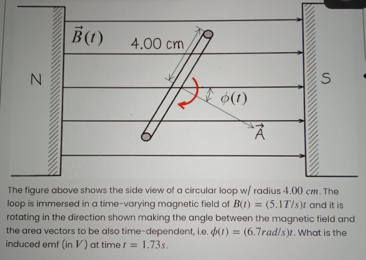 B(1)
4.00 cm
$(1)
*ス
The figure above shows the side view of a circular loop w/ radius 4.00 cm. The
loop is immersed in a time-varying magnetic field of B(t) = (5.1T/s)t and it is
rotating in the direction shown making the angle between the magnetic field and
the area vectors to be also time-dependent, i.e. p(t) = (6.7rad/s)t. What is the
induced emf (in V) at timet = 1.73s.
