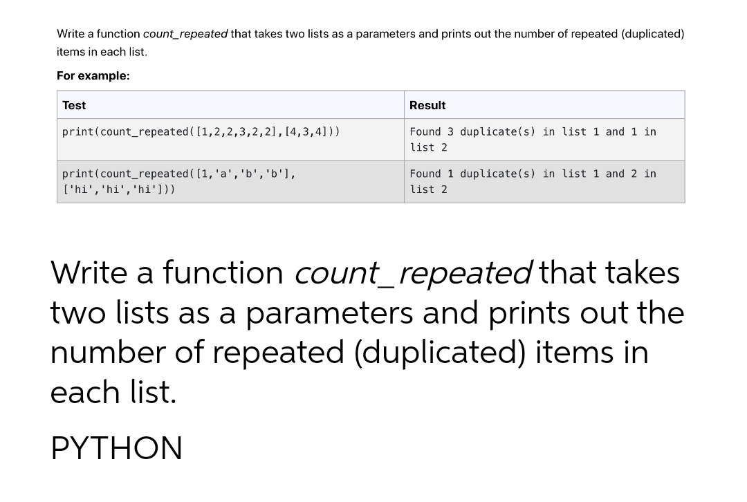 Write a function count_repeated that takes two lists as a parameters and prints out the number of repeated (duplicated)
items in each list.
For example:
Test
Result
print(count_repeated ([1,2,2,3,2,2], [4,3,4]))
Found 3 duplicate(s) in list 1 and 1 in
list 2
print(count_repeated ( [1, 'a', 'b', 'b'],
['hi','hi','hi']))
Found 1 duplicate(s) in list 1 and 2 in
list 2
Write a function count_repeated that takes
two lists as a parameters and prints out the
number of repeated (duplicated) items in
each list.
PYTHON