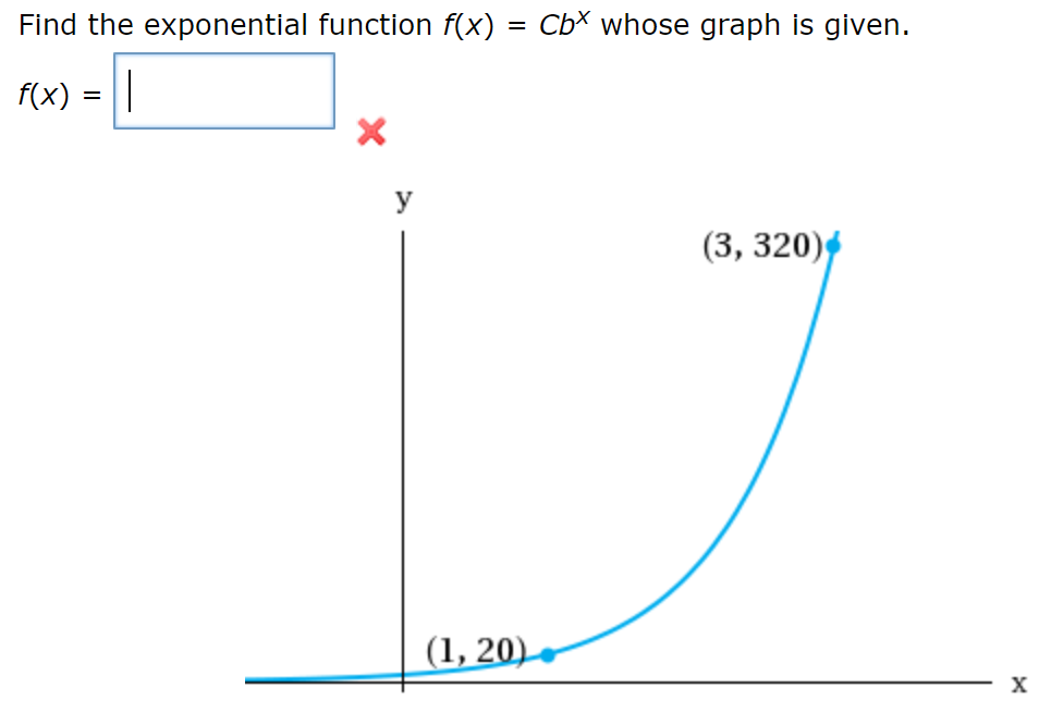 Find the exponential function f(x) = CbX whose graph is given.
f(x)
_
y
(3, 320)
(1, 20)
X
