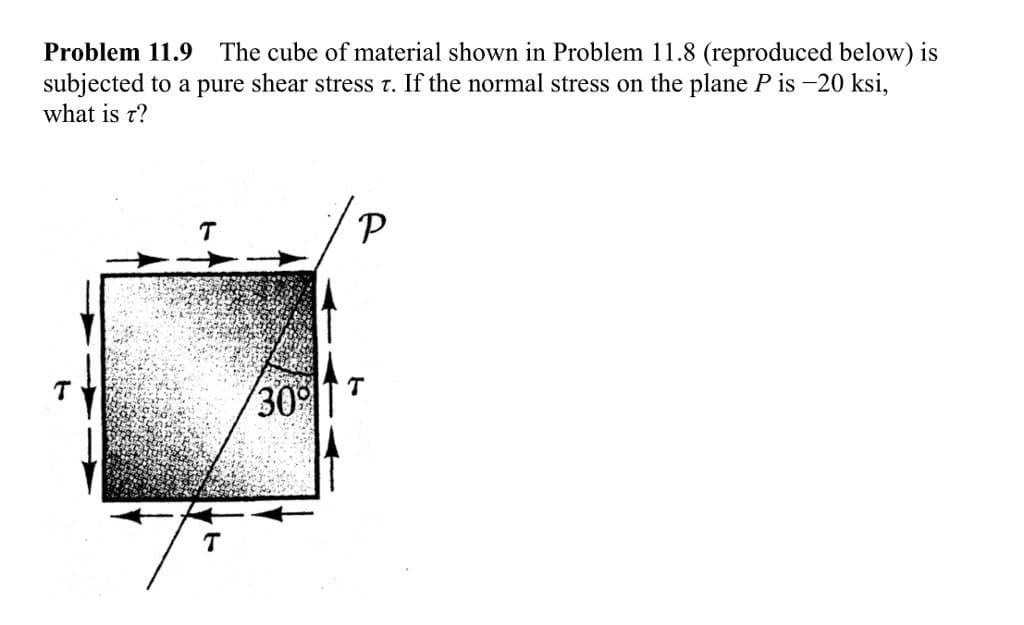 Problem 11.9 The cube of material shown in Problem 11.8 (reproduced below) is
subjected to a pure shear stress T. If the normal stress on the plane P is -20 ksi,
what is t?
T
30% 1
P