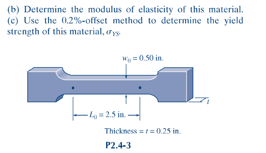 (b) Determine the modulus of elasticity of this material.
(c) Use the 0.2%-offset method to determine the yield
strength of this material, o ys.
Wo = 0.50 in.
- Lo = 2.5 in. -
Thickness = t = 0.25 in.
P2.4-3
