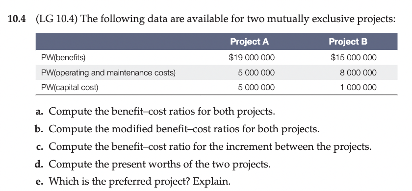 10.4 (LG 10.4) The following data are available for two mutually exclusive projects:
Project A
Project B
PW(benefits)
$19 000 000
$15 000 000
PW(operating and maintenance costs)
5 000 000
8 000 000
PW(capital cost)
5 000 000
1 000 000
a. Compute the benefit-cost ratios for both projects.
b. Compute the modified benefit-cost ratios for both projects.
c. Compute the benefit-cost ratio for the increment between the projects.
d. Compute the present worths of the two projects.
e. Which is the preferred project? Explain.
