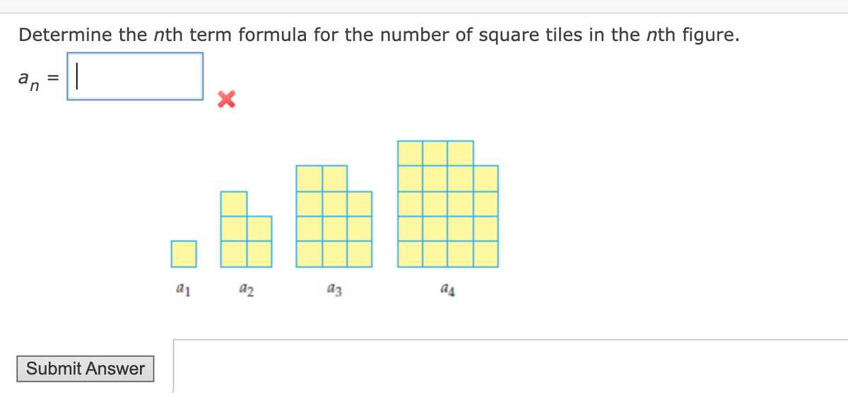 Determine the nth term formula for the number of square tiles in the nth figure.
an
a1
a2
az
as
Submit Answer

