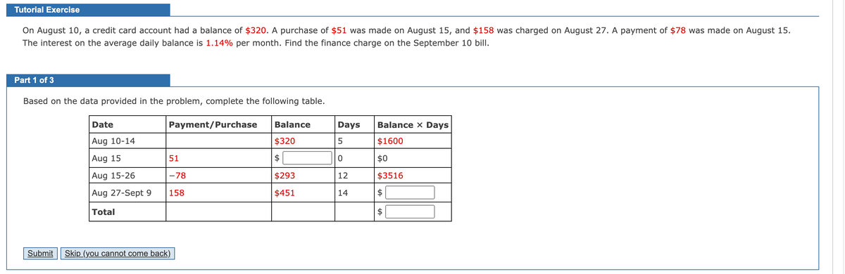 Tutorial Exercise
On August 10, a credit card account had a balance of $320. A purchase of $51 was made on August 15, and $158 was charged on August 27. A payment of $78 was made on August 15.
The interest on the average daily balance is 1.14% per month. Find the finance charge on the September 10 bill.
Part 1 of 3
Based on the data provided in the problem, complete the following table.
Date
Payment/Purchase
Balance
Days
Balance x Days
Aug 10-14
$320
$1600
Aug 15
51
$
$0
Aug 15-26
-78
$293
12
$3516
Aug 27-Sept 9
158
$451
14
Total
Submit Skip (you cannot come back),
