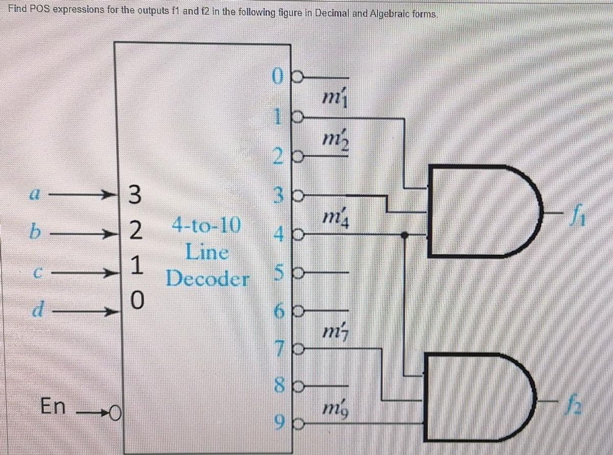 Find POS expressions for the outputs f1 and f2 in the following figure in Decimal and Algebraic forms.
m
10
3
3p
b.
4-to-10
40
Line
1
Decoder
C -
50
m
80
En
ms
9.
त व
617
