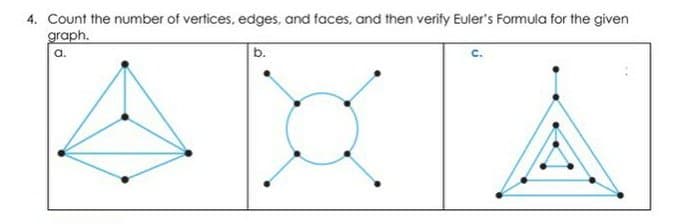 4. Count the number of vertices, edges, and faces, and then verify Euler's Formula for the given
graph.
a.
b.
