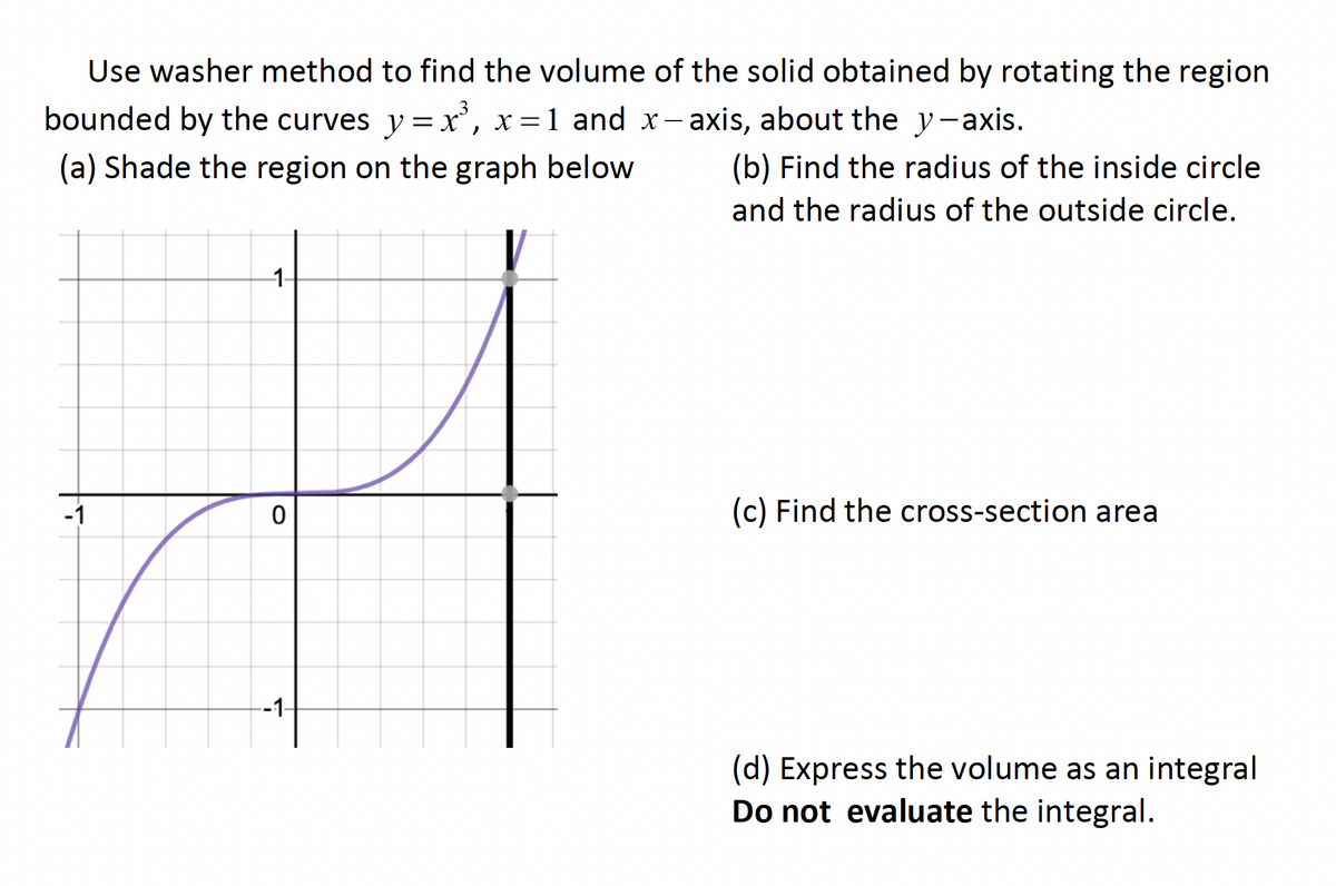 Use washer method to find the volume of the solid obtained by rotating the region
bounded by the curves y = x', x=1 and x – axis, about the y-axis.
(a) Shade the region on the graph below
(b) Find the radius of the inside circle
and the radius of the outside circle.
1-
-1
(c) Find the cross-section area
--1-
(d) Express the volume as an integral
Do not evaluate the integral.
