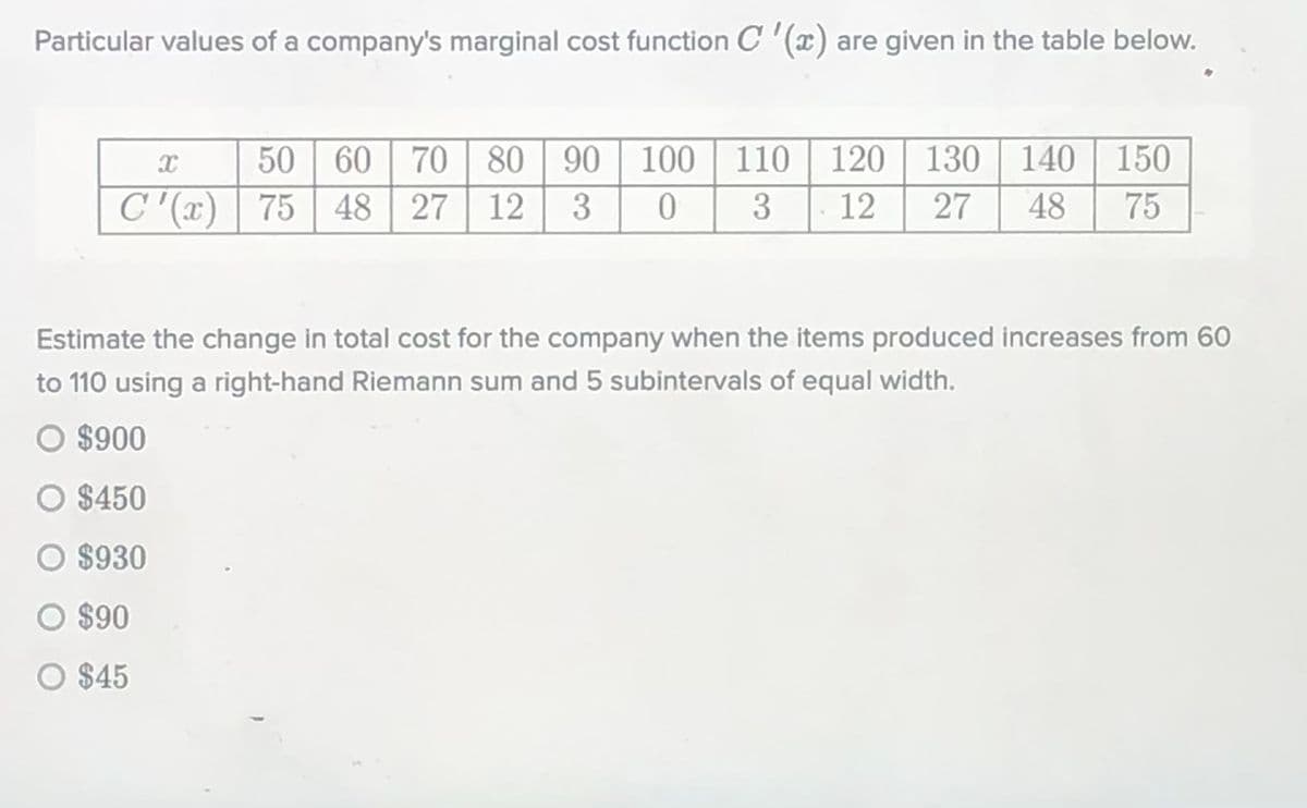 Particular values of a company's marginal cost function C '(x) are given in the table below.
50 60 70 80
90 100 110 120 | 130 | 140 150
C (x) | 75 | 48 | 27 12
3
3
12
27
48
75
Estimate the change in total cost for the company when the items produced increases from 60
to 110 using a right-hand Riemann sum and 5 subintervals of equal width.
O $900
O $450
O $930
O $90
O $45
