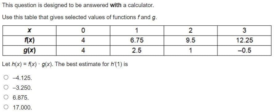 This question is designed to be answered with a calculator.
Use this table that gives selected values of functions f and g.
1
3
f(x)
4
6.75
9.5
12.25
g(x)
4
2.5
1
-0.5
Let h(x) = f(x) · g(x). The best estimate for h'(1) is
%3D
O -4.125.
O -3.250.
O 6.875.
O 17.000.
