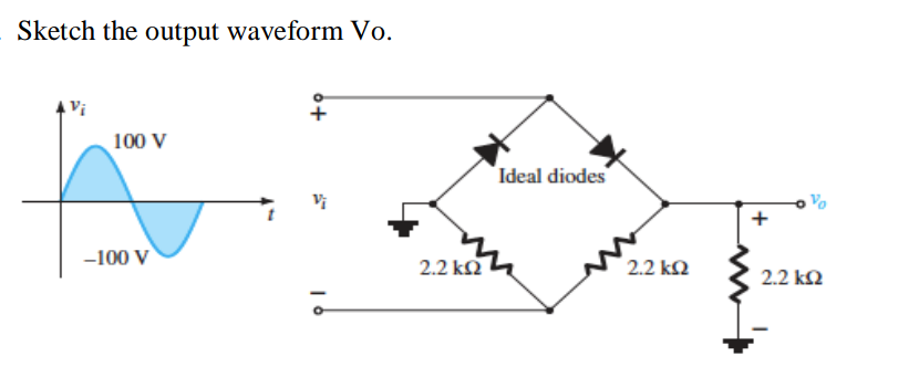 Sketch the output waveform Vo.
100 V
Ideal diodes
-100 V
2.2 k2
2.2 kQ
2.2 k2
+
