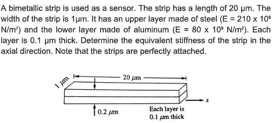 A bimetallic strip is used as a sensor. The strip has a length of 20 pm. The
width of the strip is 1µm. It has an upper layer made of steel (E = 210 x 10°
N/m?) and the lower layer made of aluminum (E = 80 x 10° N/m2). Each
layer is 0.1 µm thick. Determine the equivalent stiffness of the strip in the
axial direction. Note that the strips are perfectly attached.
20 um
1 um
10.2 um
Each layer is
0.1 um thick
