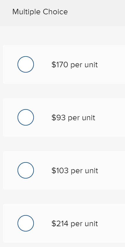 Multiple Choice
$170 per unit
$93 per unit
$103 per unit
$214 per unit
