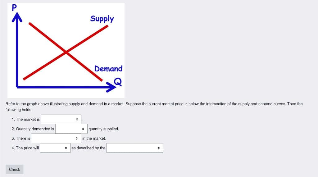 Supply
Demand
Refer to the graph above illustrating supply and demand in a market. Suppose the current market price is below the intersection of the supply and demand curves. Then the
following holds:
1. The market is
2. Quantity demanded is
quantity supplied.
3. There is
4. The price will
Check
+ in the market.
+ as described by the