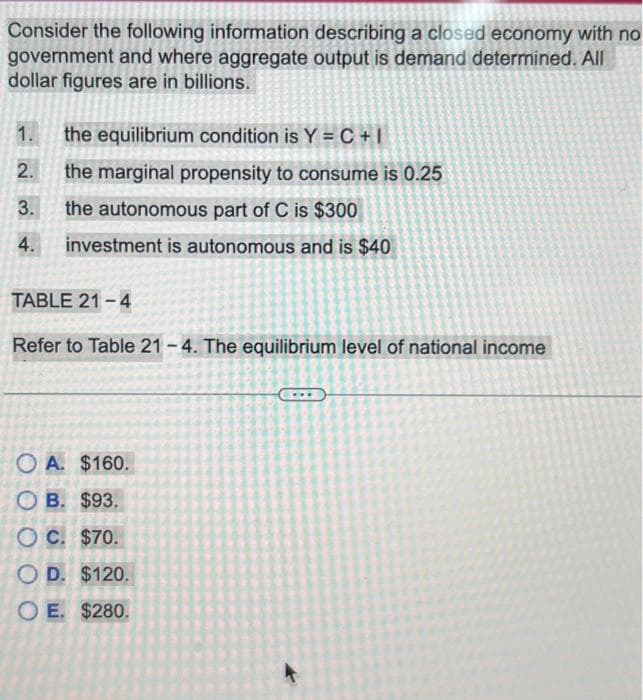 Consider the following information describing a closed economy with no
government and where aggregate output is demand determined. All
dollar figures are in billions.
1. the equilibrium condition is Y=C+I
2.
3.
4.
the marginal propensity to consume is 0.25
the autonomous part of C is $300
investment is autonomous and is $40
TABLE 21-4
Refer to Table 21-4. The equilibrium level of national income
A. $160.
OB. $93.
OC. $70.
OD. $120.
OE. $280.