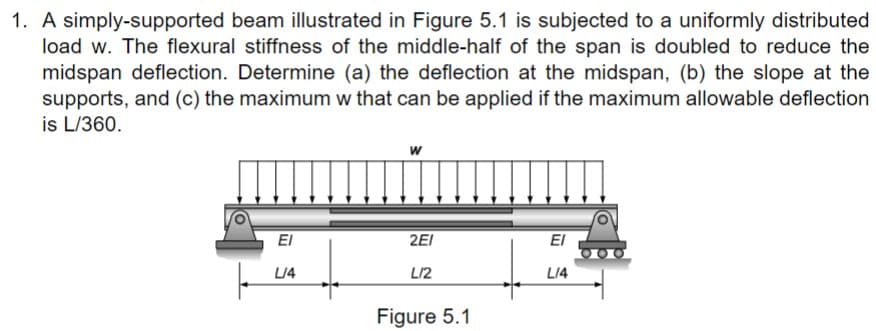 1. A simply-supported beam illustrated in Figure 5.1 is subjected to a uniformly distributed
load w. The flexural stiffness of the middle-half of the span is doubled to reduce the
midspan deflection. Determine (a) the deflection at the midspan, (b) the slope at the
supports, and (c) the maximum w that can be applied if the maximum allowable deflection
is L/360.
ΕΙ
L/4
W
2EI
L12
Figure 5.1
ΕΙ
L/4