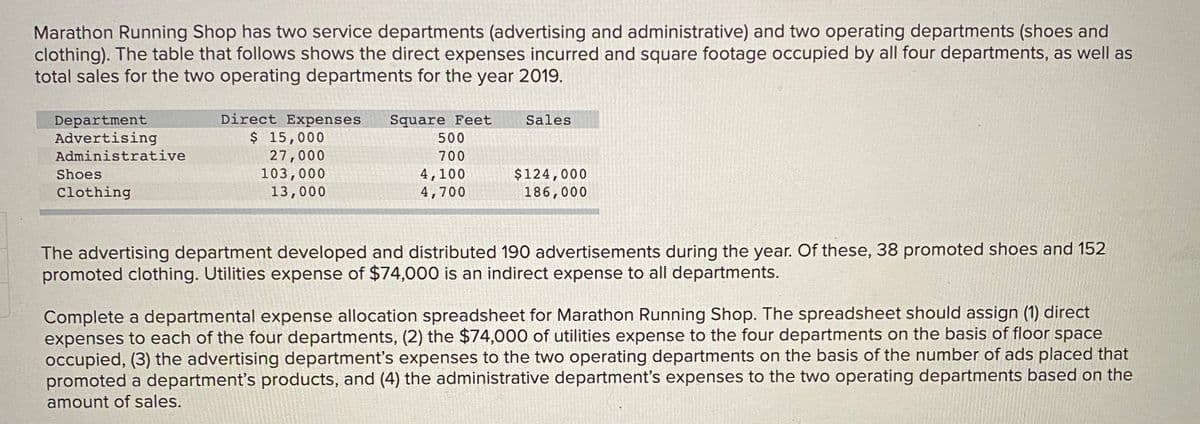 Marathon Running Shop has two service departments (advertising and administrative) and two operating departments (shoes and
clothing). The table that follows shows the direct expenses incurred and square footage occupied by all four departments, as well as
total sales for the two operating departments for the year 2019.
Direct Expenses
Square Feet
500
Sales
Department
Advertising
Administrative
$ 15,000
27,000
103,000
13,000
700
4,100
4,700
$124,000
186,000
Shoes
Clothing
The advertising department developed and distributed 190 advertisements during the year. Of these, 38 promoted shoes and 152
promoted clothing. Utilities expense of $74,000 is an indirect expense to all departments.
Complete a departmental expense allocation spreadsheet for Marathon Running Shop. The spreadsheet should assign (1) direct
expenses to each of the four departments, (2) the $74,000 of utilities expense to the four departments on the basis of floor space
occupied, (3) the advertising department's expenses to the two operating departments on the basis of the number of ads placed that
promoted a department's products, and (4) the administrative department's expenses to the two operating departments based on the
amount of sales.
