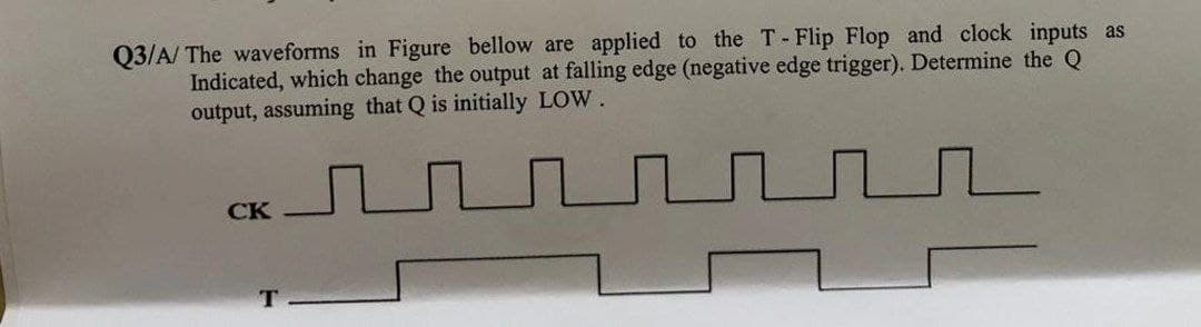 Q3/A/ The waveforms in Figure bellow are applied to the T-Flip Flop and clock inputs as
Indicated, which change the output at falling edge (negative edge trigger). Determine the Q
output, assuming that Q is initially LOW.
CK