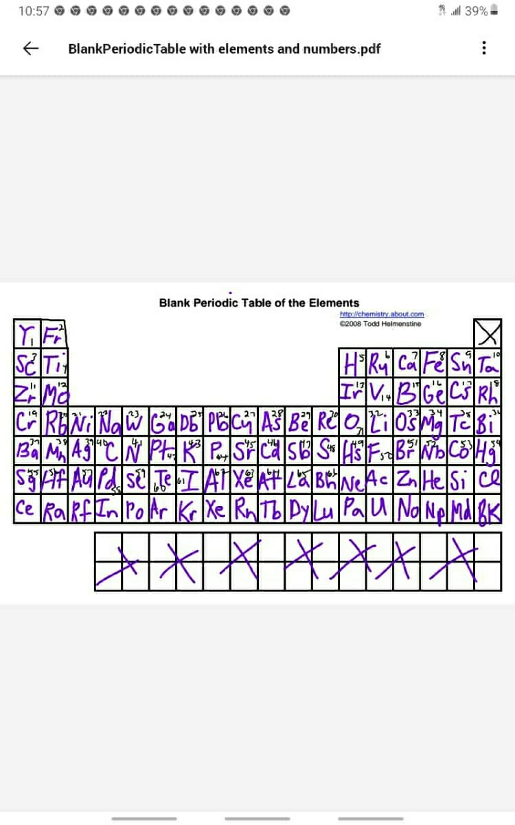10:57 O
* ll 39%
BlankPeriodicTable with elements and numbers.pdf
Blank Periodic Table of the Elements
http://chemistry.about.com
©2008 Todd Helmenstine
Z Ma
CHIRENINAW G DE PECG AS BE RE O,ti ošM
Bi
24
Ce RalRfIn PoAr Ke Xe RnTb DylLu Pau Nd NelMd RK
