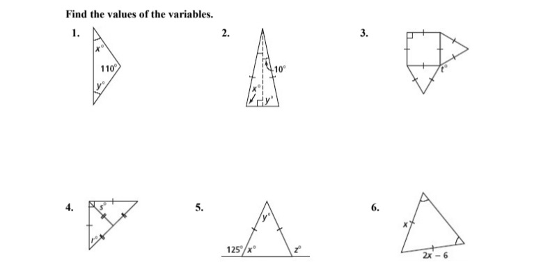 Find the values of the variables.
1.
2.
3.
110
10°
4.
5.
6.
125
2x - 6
