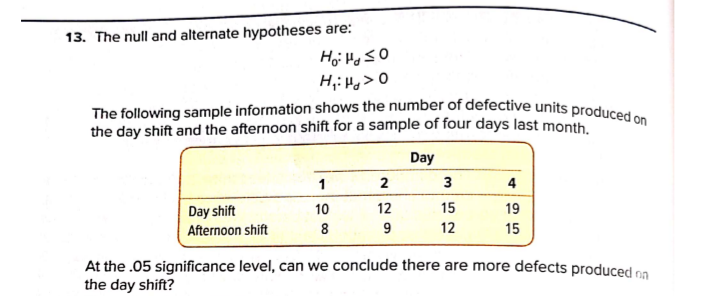 The following sample information shows the number of defective units produced on
13. The null and alternate hypotheses are:
Hoi Ho so
H;: Hg> 0
the day shift and the afternoon shift for a sample of four days last month.
Day
3
4
10
12
15
19
Day shift
Afternoon shift
8
9
12
15
At the .05 significance level, can we conclude there are more defects produced na
the day shift?
