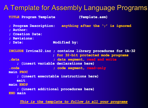 A Template for Assembly Language Programs
TITLE Program Template
(Template.asm)
; Program Description:
; Author:
; Creation Date:
; Revisions:
; Date:
anything after the ';' is ignored
Modified by:
INCLUDE Irvine32.inc ; contains library procedures for IA-32
; for 32-bit protected mode programs
; data segment, read and write
.data
; (insert variable declarations here)
; code segment, read-only
.code
main PROC
; (insert executable instructions here)
exit
main ENDP
; (insert additional procedures here)
END main
This is the template to follow in all your programs
